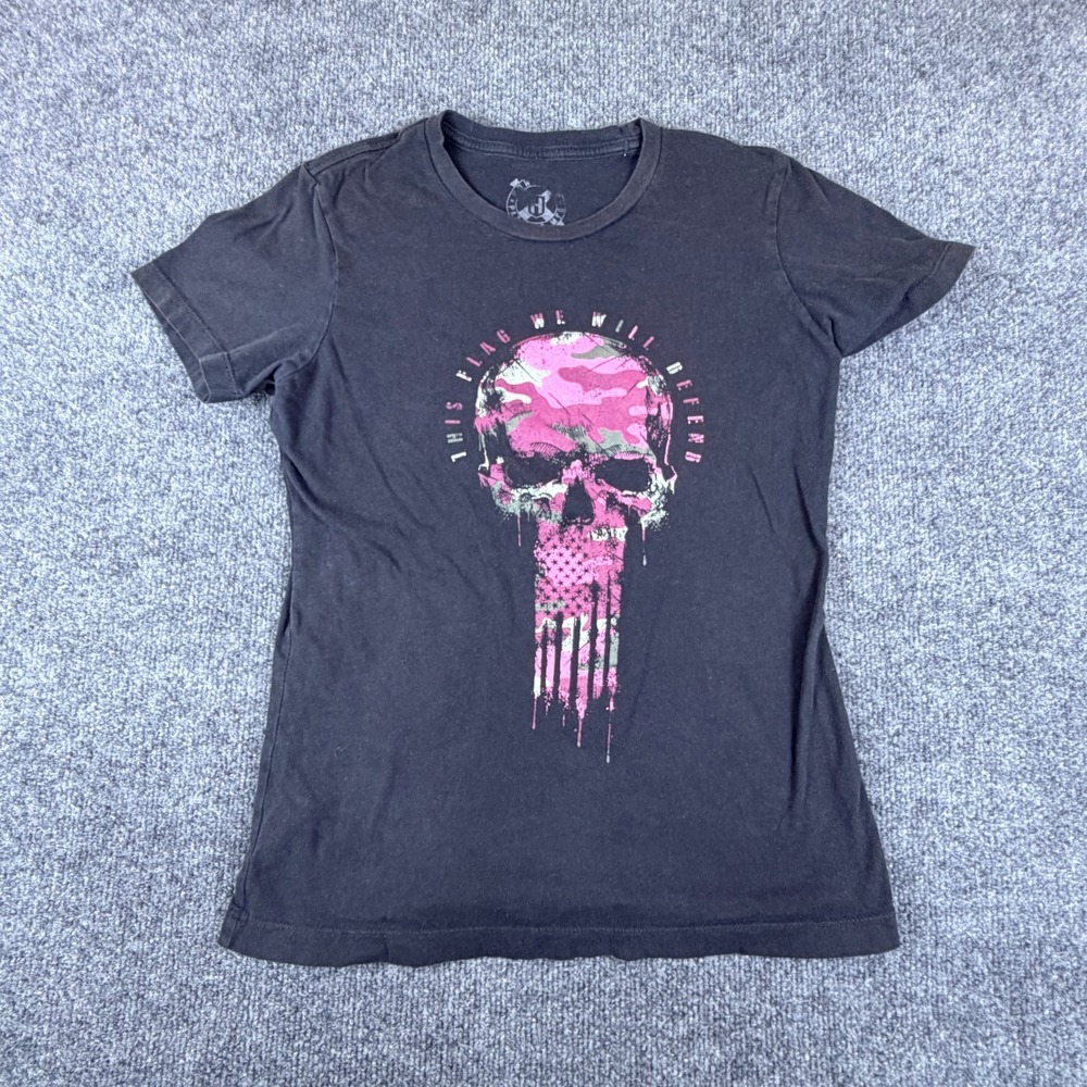 Howitzer Patriot T-Shirt Womens M Black Pink Skull Camo American Flag‎ Graphic